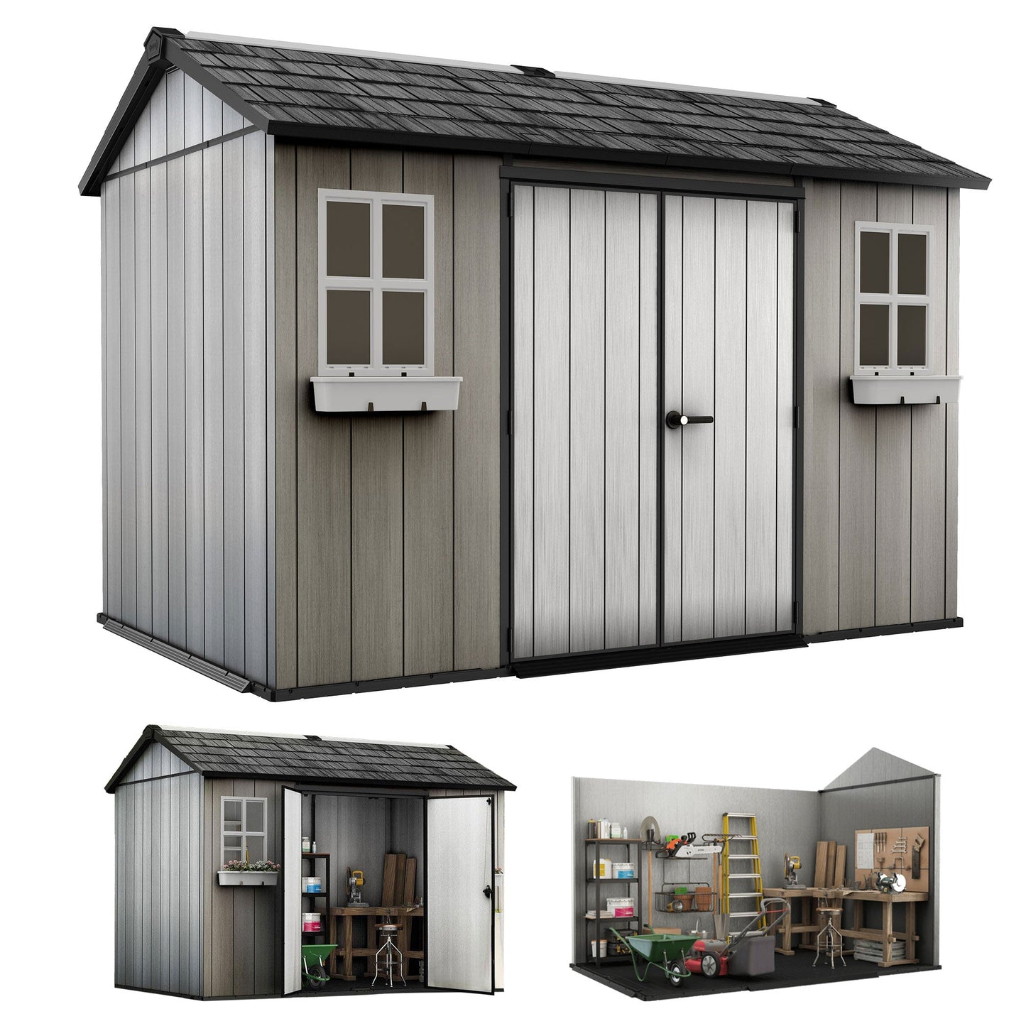 Keter Oakland 11 x 7.5 Foot Outdoor Garden Tool Storage Shed with Windows, Gray