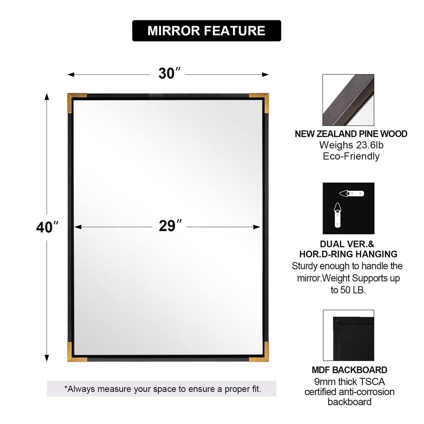 ANDY STAR 30 x 40 Inch Rectangular Wood Framed Vanity Mirror, Black and Gold