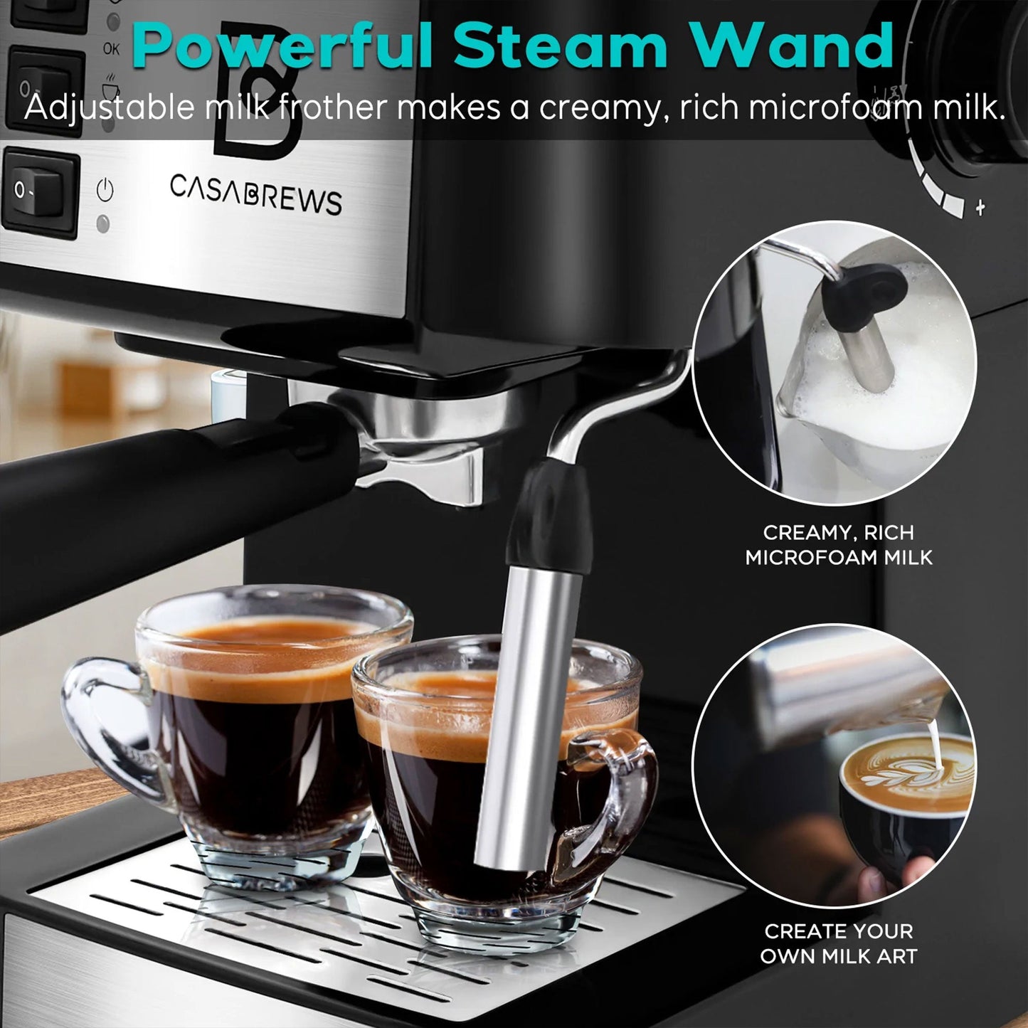 Casabrews Compact Espresso Coffee Machine with Milk Frother Wand, Black & Silver