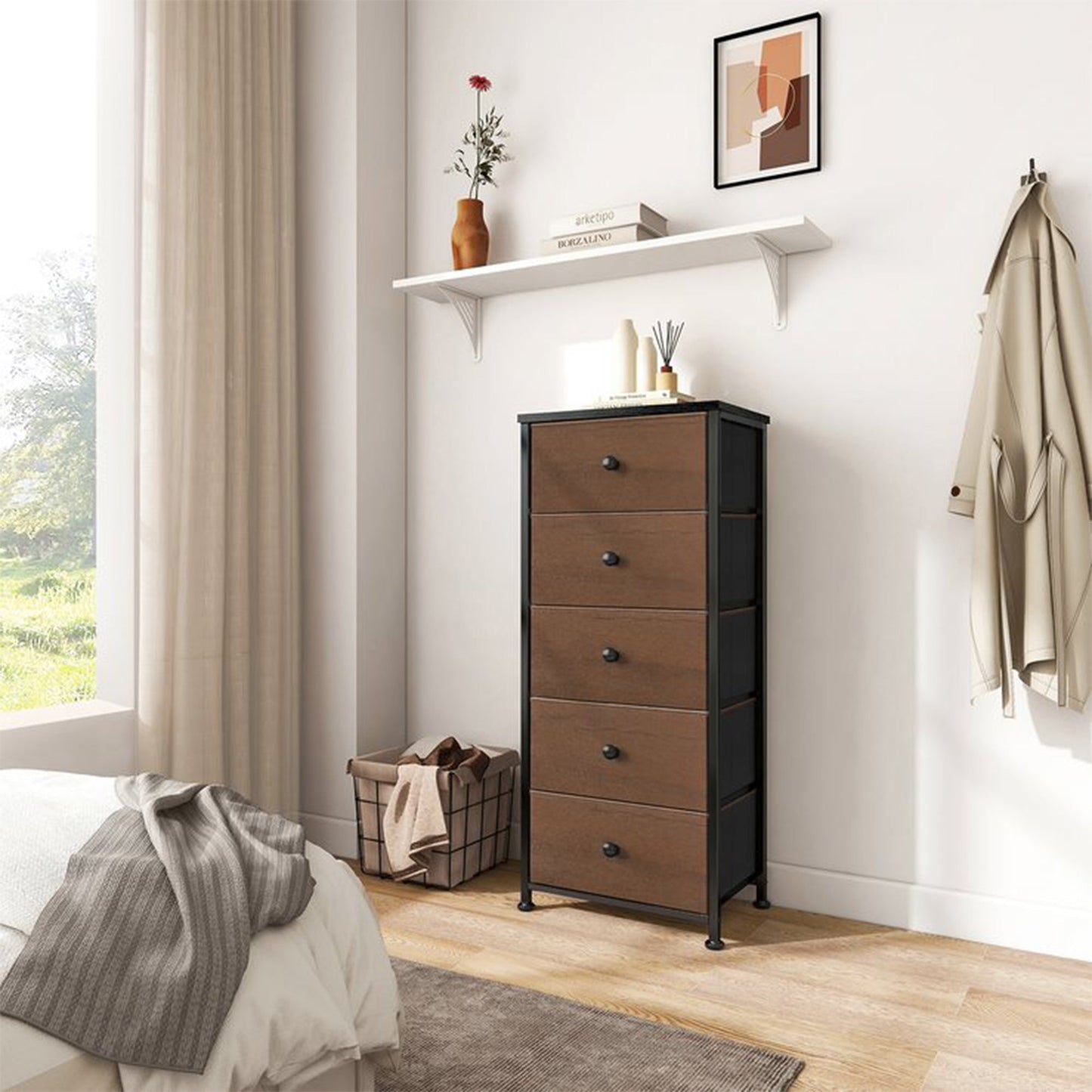 REAHOME Vertical Narrow Metal Tower Dresser w/ 5 Fabric Drawer Bins, Espresso