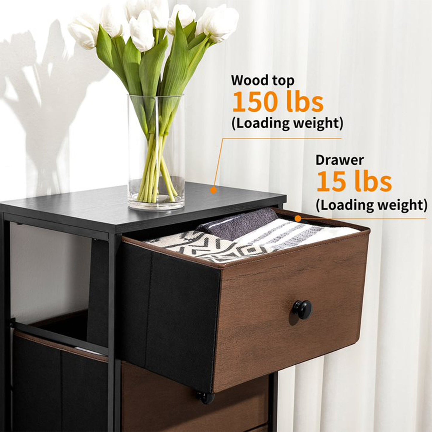 REAHOME Vertical Narrow Metal Tower Dresser w/ 5 Fabric Drawer Bins, Espresso