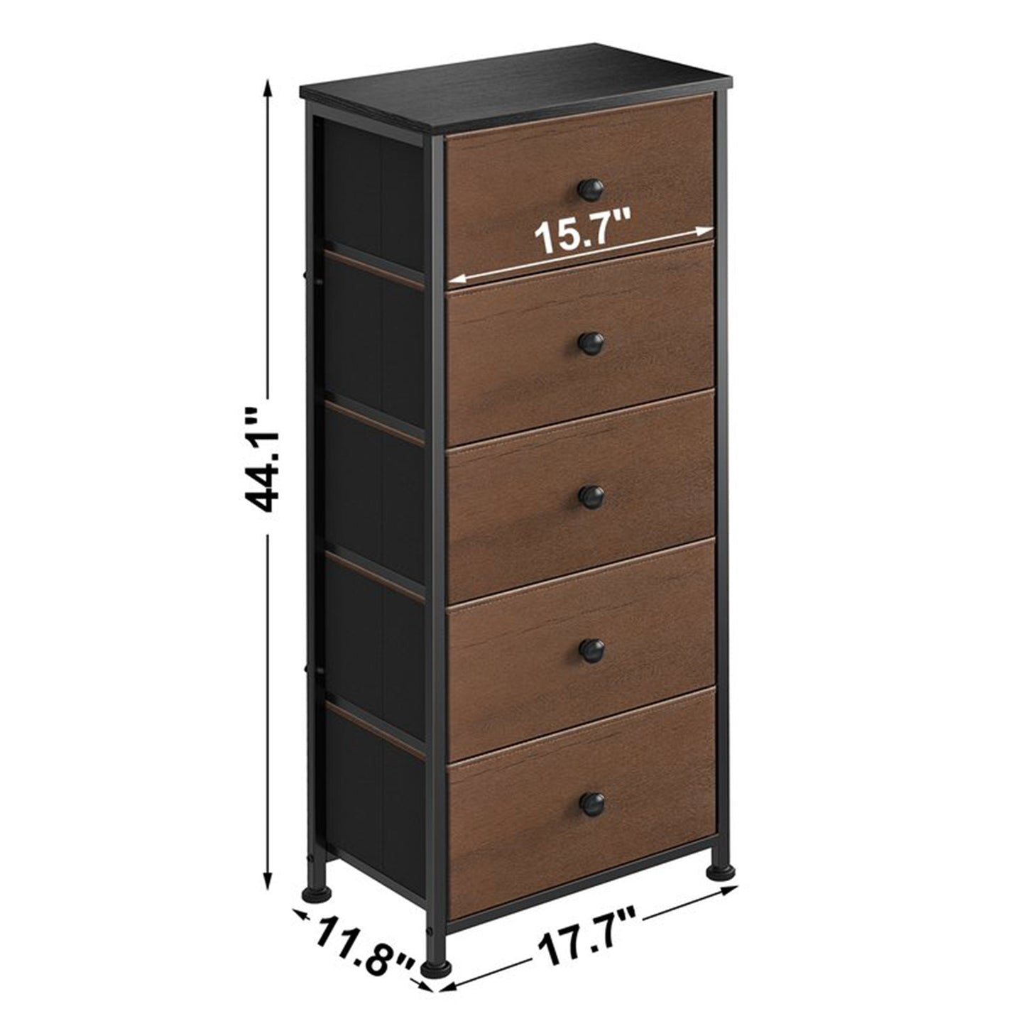 REAHOME Vertical Narrow Metal Tower Dresser w/ 5 Fabric Drawer Bins, Espresso