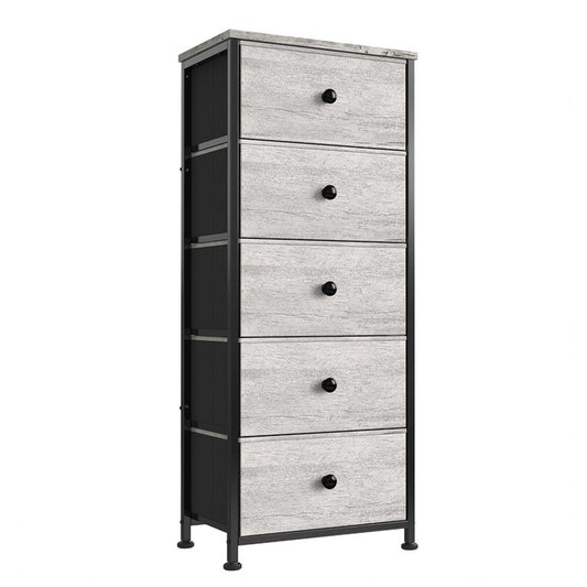 REAHOME Vertical Narrow Metal Tower Dresser w/ 5 Fabric Drawer Bins, Dark Taupe