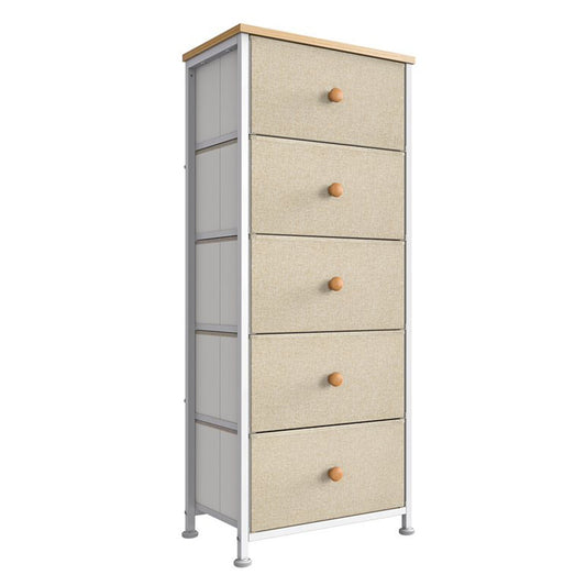 REAHOME Vertical Narrow Metal Tower Dresser with 5 Fabric Drawer Bins, Taupe