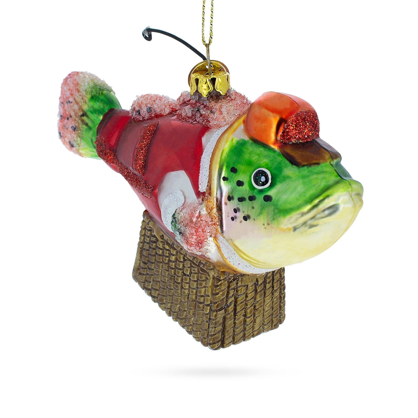 Quirky Fish in Hat Gone Fishing Glass Christmas Ornament