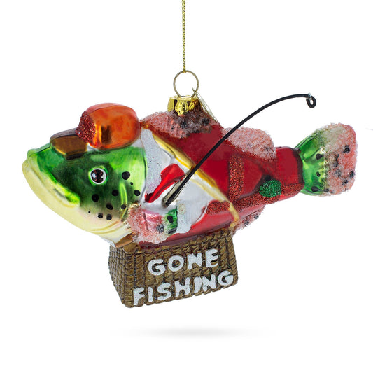 Quirky Fish in Hat Gone Fishing Glass Christmas Ornament