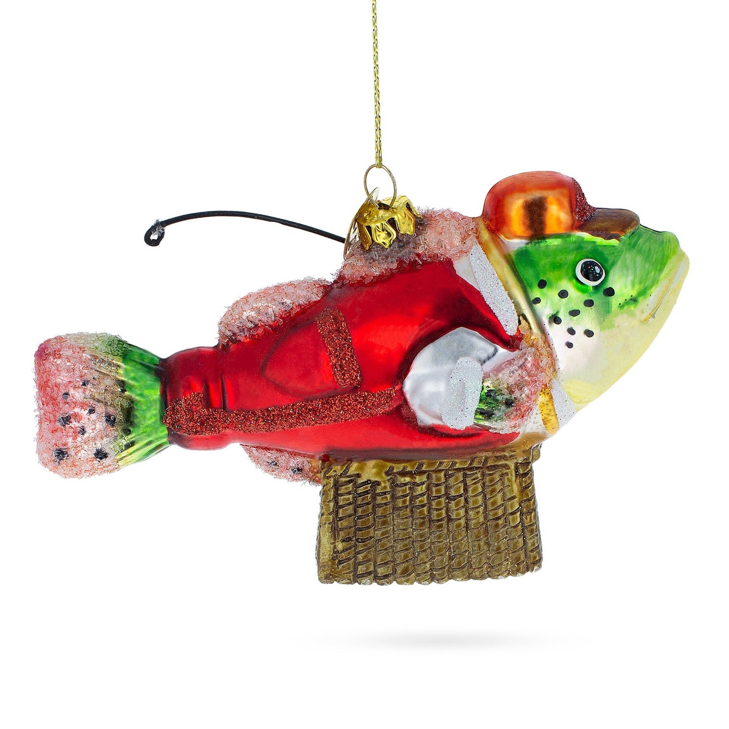 Quirky Fish in Hat Gone Fishing Glass Christmas Ornament