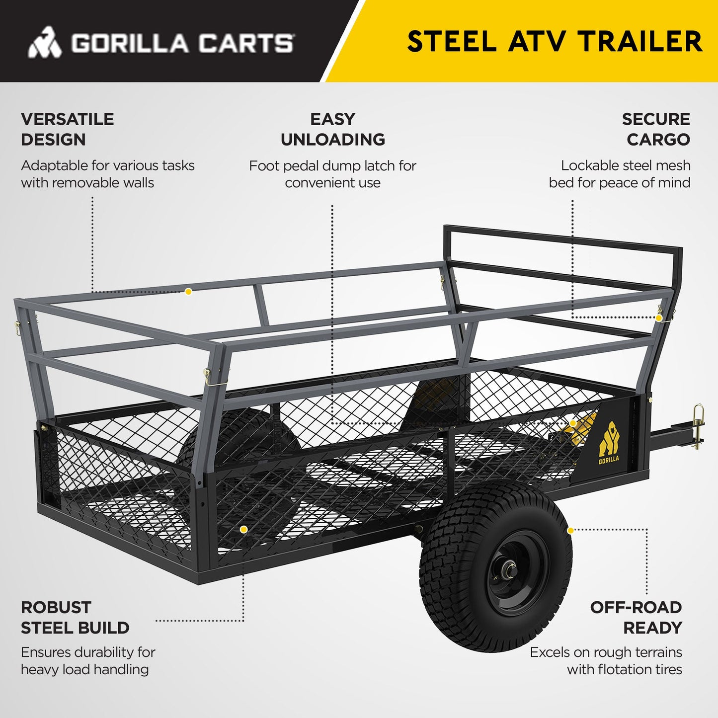 Gorilla 1400lb Steel ATV Trailer Garden Cart w/Removable Sides & 3-in-1 Tailgate