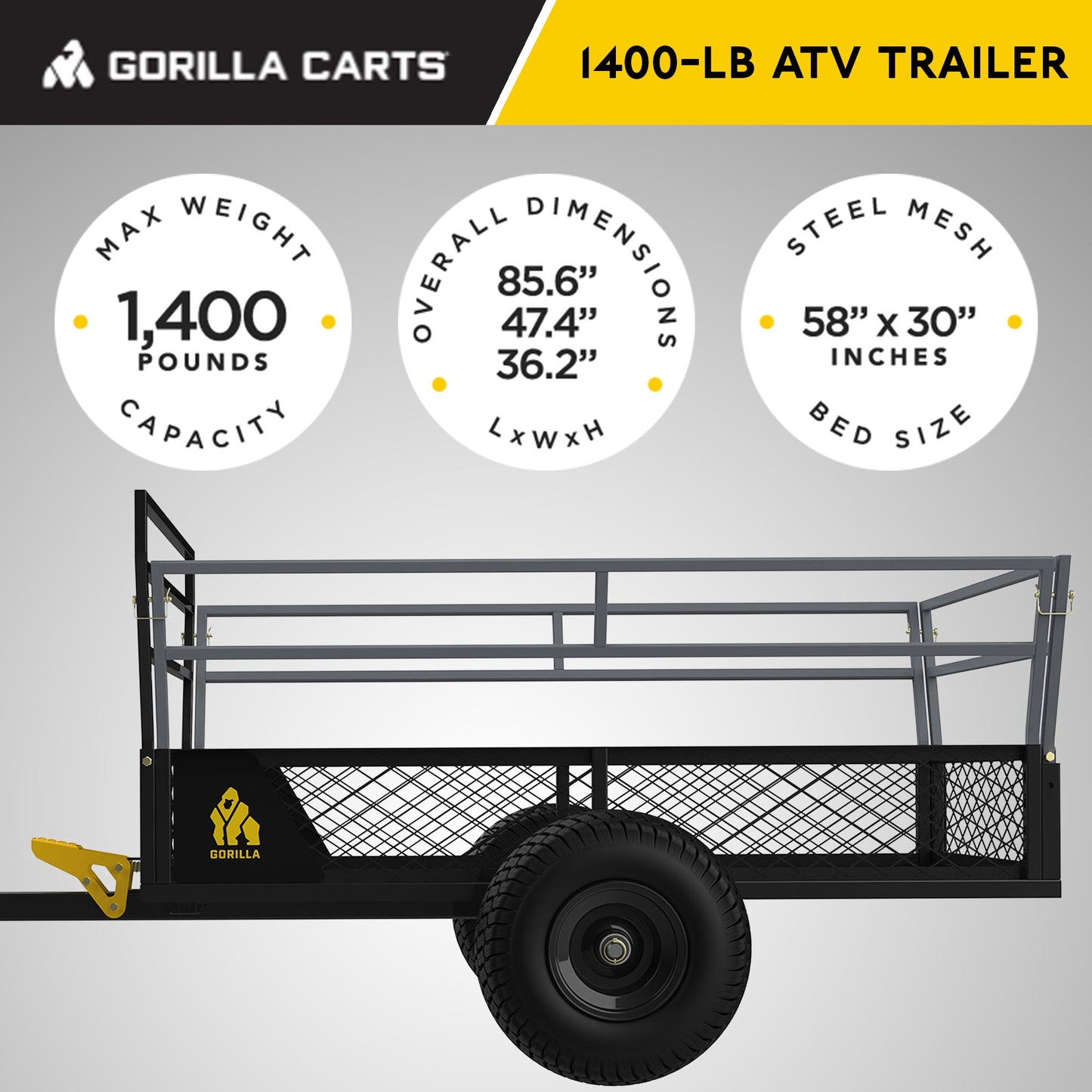 Gorilla 1400lb Steel ATV Trailer Garden Cart w/Removable Sides & 3-in-1 Tailgate