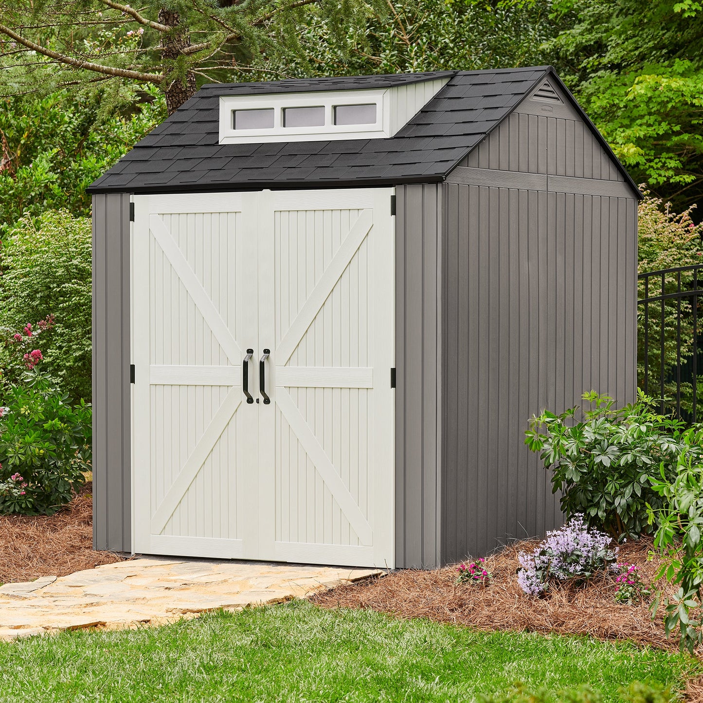 Rubbermaid 7x7 Ft Weather Resistant Resin Backyard Outdoor Storage Shed, Gray