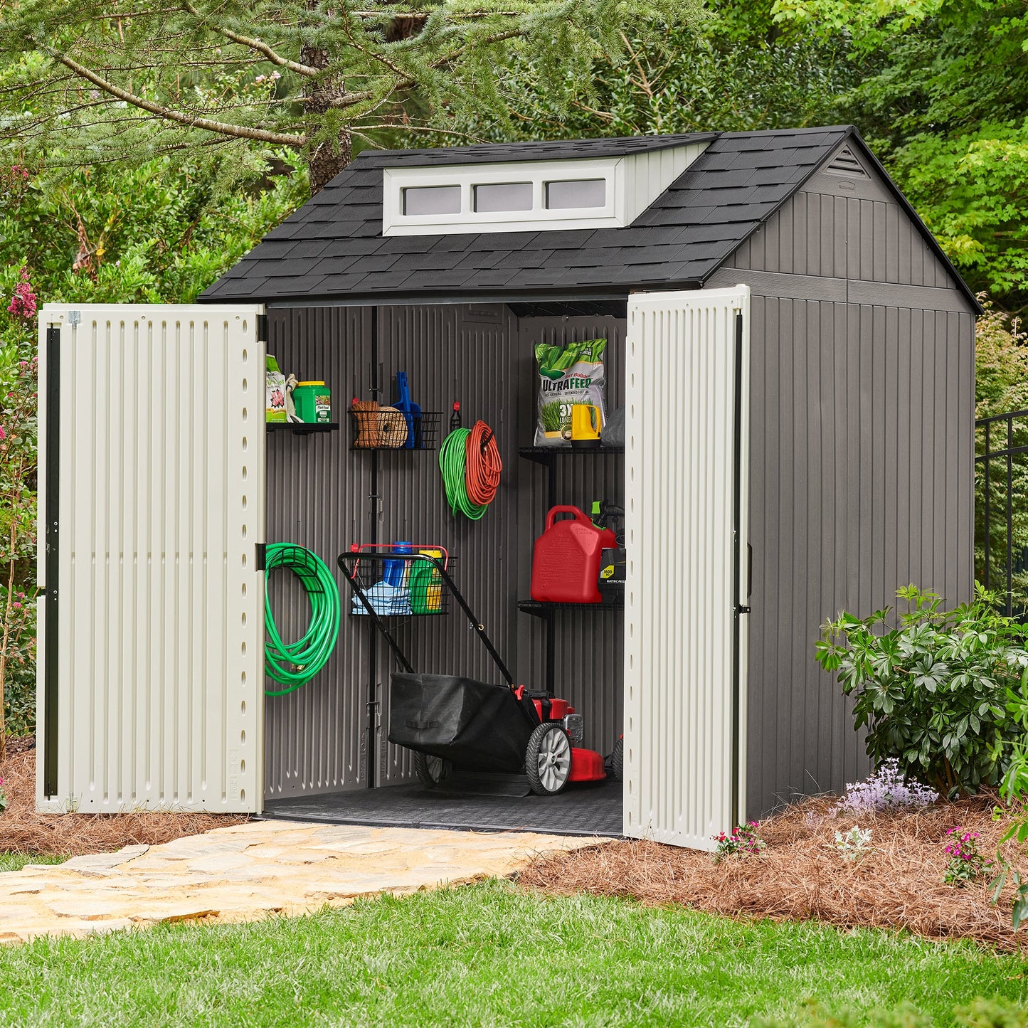 Rubbermaid 7x7 Ft Weather Resistant Resin Backyard Outdoor Storage Shed, Gray