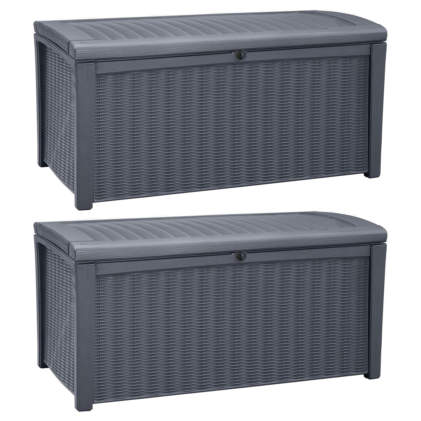 Keter Borneo Rattan Wicker Resin Patio Deck Storage Box Bench, Grey (2 Pack)