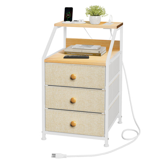 REAHOME 3 Drawer Bedroom Nightstand End Table Unit with Charging Station, Taupe