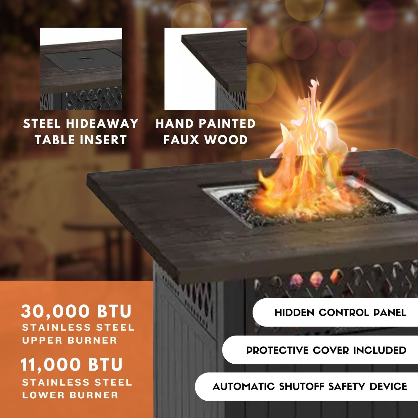 Four Seasons Courtyard Dual Heat 41,000 BTU Square Gas Fire Pit with Tabletop