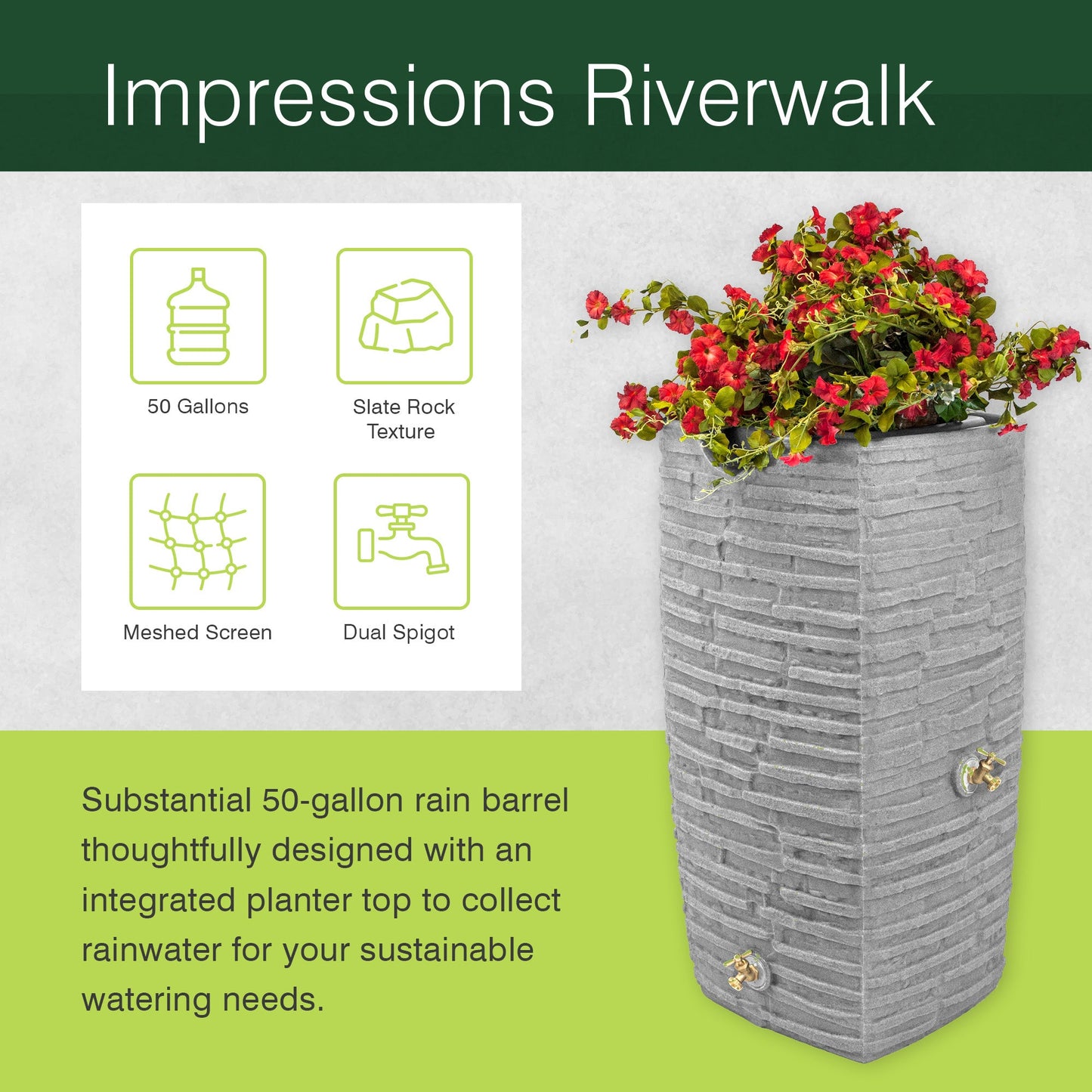 Good Ideas Impressions Riverwalk 50 Gal Rain Saver with Spigots, Dark Granite