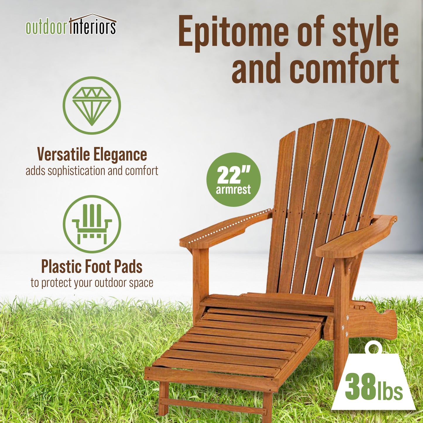 Outdoor Interiors Eucalyptus Wood Adirondack Chair with Built In Ottoman, Brown