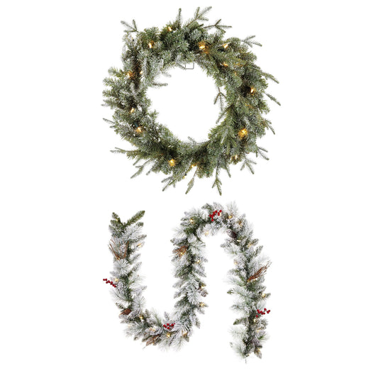 Noma 24" Pre-Lit Frosted Fir Artificial Wreath & 9' Garland Holiday Mantle Decor