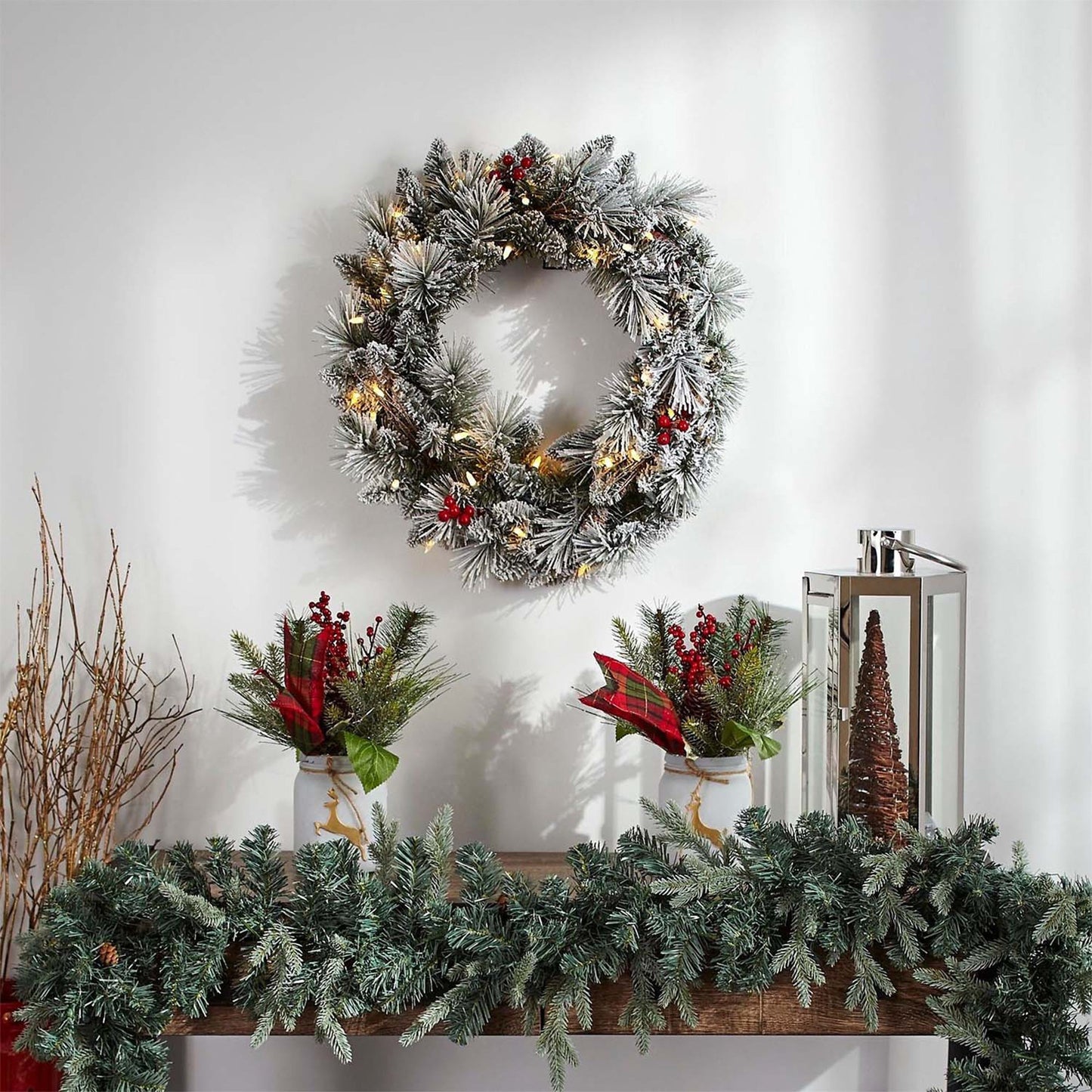 NOMA Snow Dusted Pre Lit Artificial Christmas Wreath with 9 Foot Frosted Garland