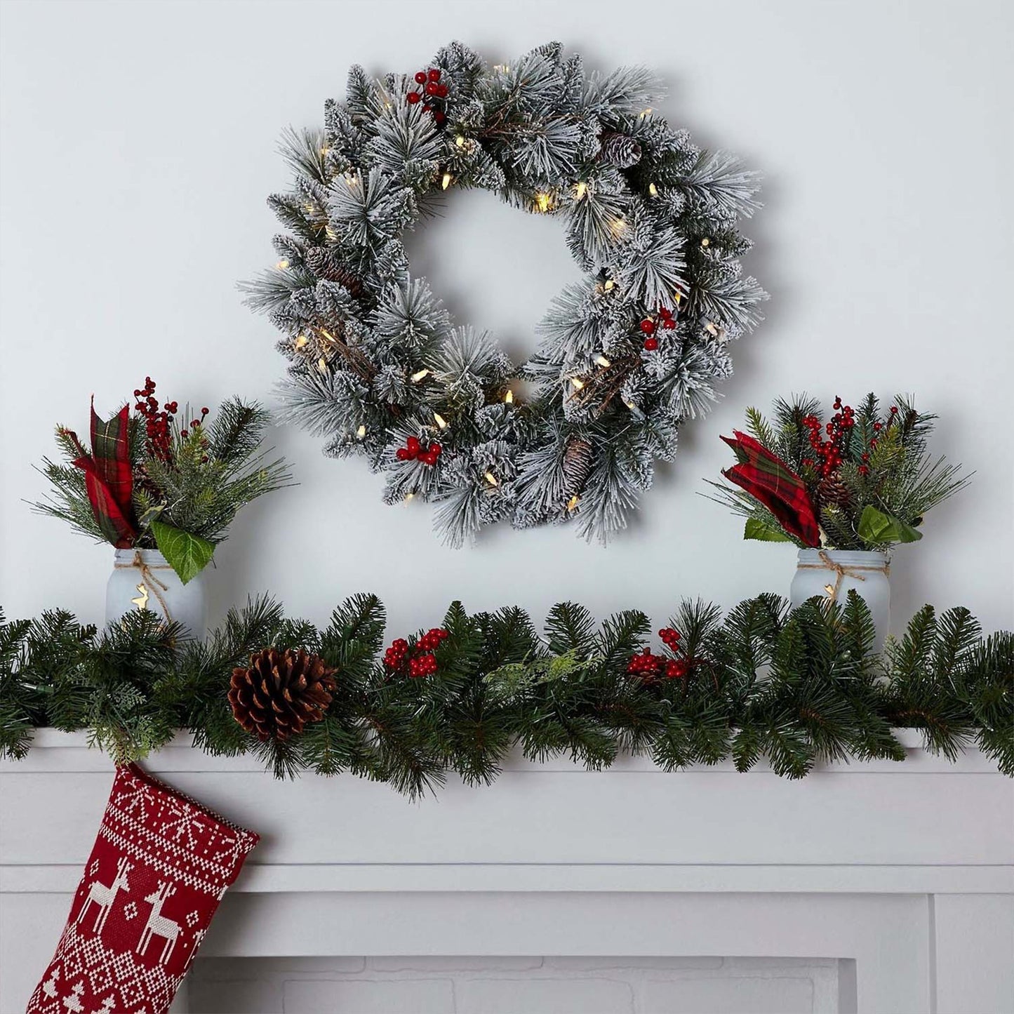 NOMA Snow Dusted Pre Lit Artificial Christmas Wreath with Berry Holiday Garland