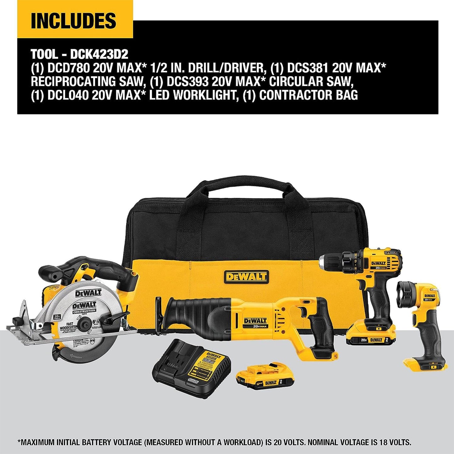 DeWalt 20V MAX 4 Tool Combo Kit w/ Reciprocating & Circular Saws & LED Worklight