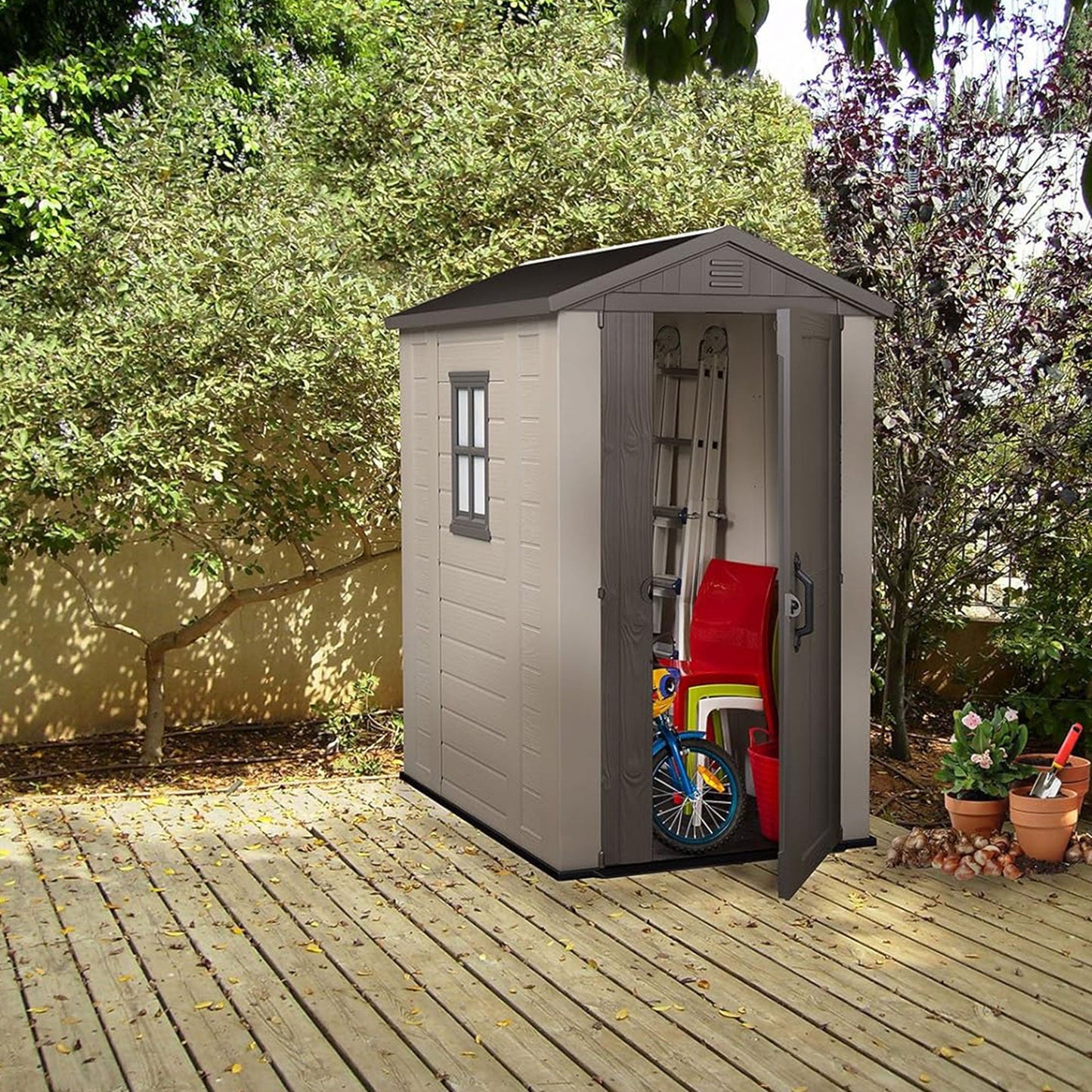 Keter Factor 4 x 6 Foot Outdoor Garden Tool Storage Shed with Window, Brown