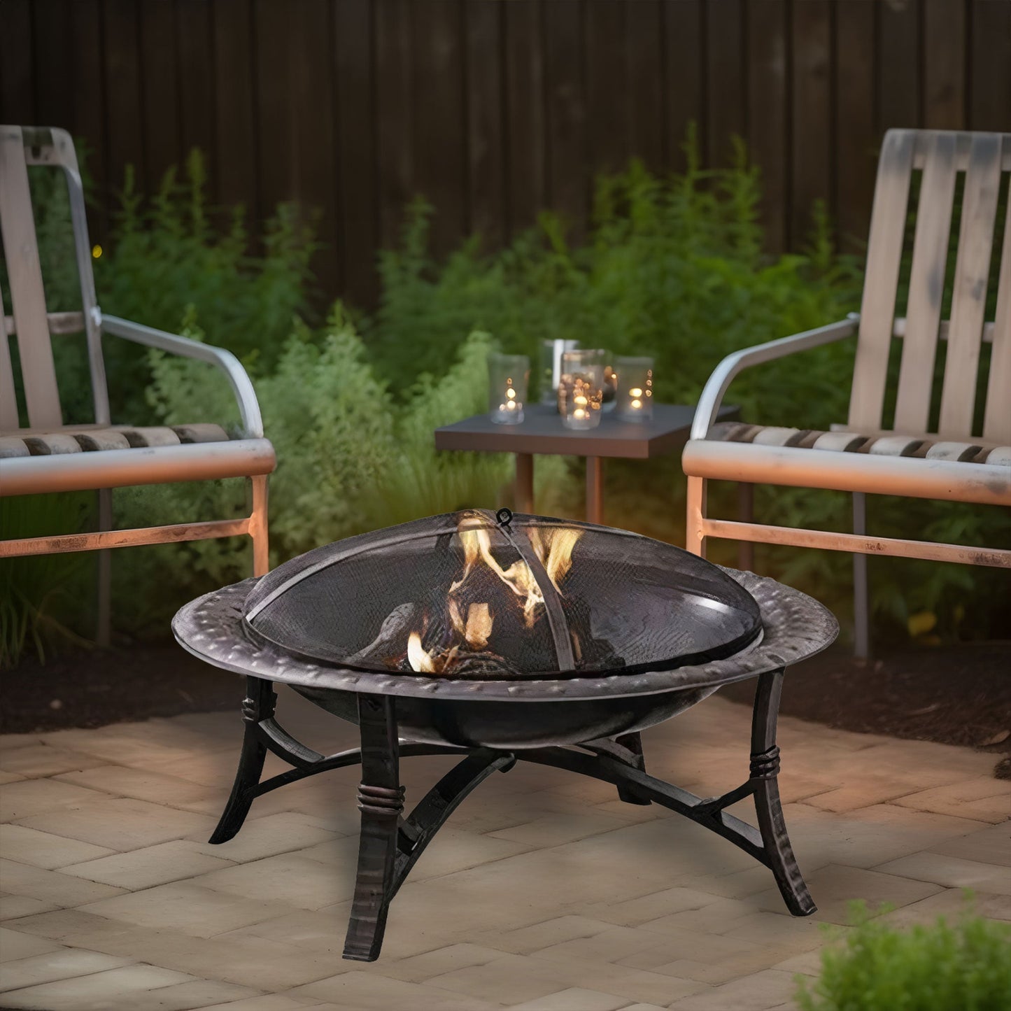 Four Seasons Courtyard 35 Inch Round Wood Burning Fire Bowl w/ Fire Grate, Black