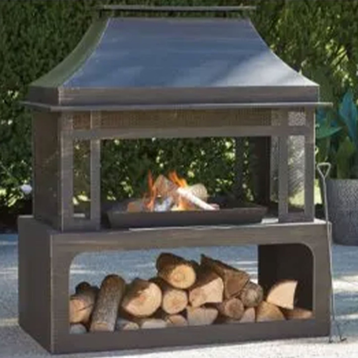 Four Seasons Courtyard Wood Burning Fireplace with Log Rack and Tool, Black/Gold