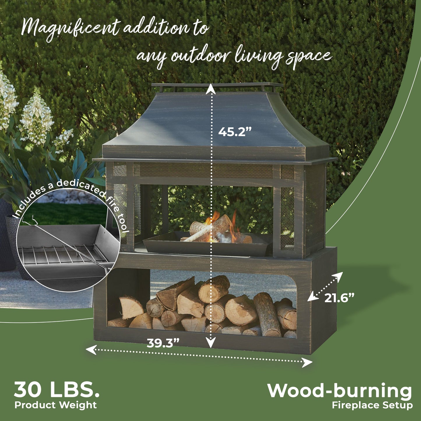 Four Seasons Courtyard Wood Burning Fireplace with Log Rack and Tool, Black/Gold