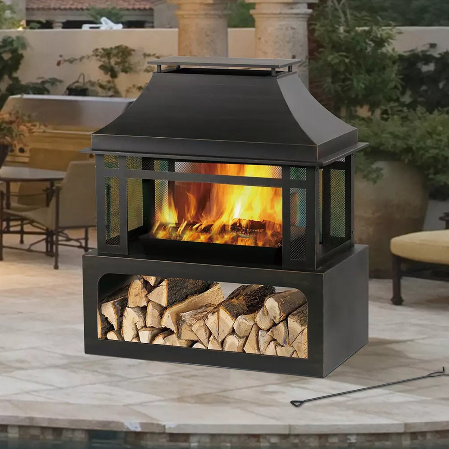 Four Seasons Courtyard Wood Burning Fireplace with Log Rack and Tool, Black/Gold