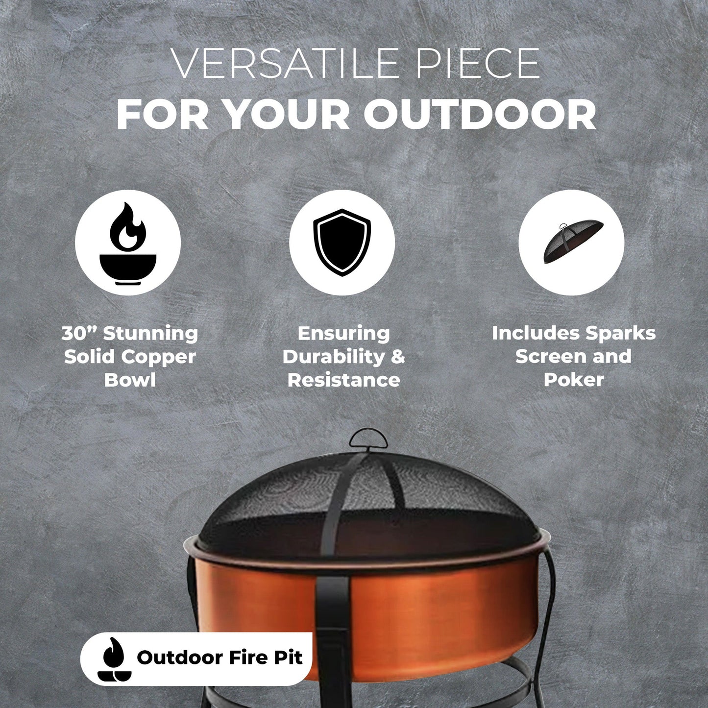 Four Seasons Courtyard 30" Copper Fire Pit with Screen and Poker, Black/Copper