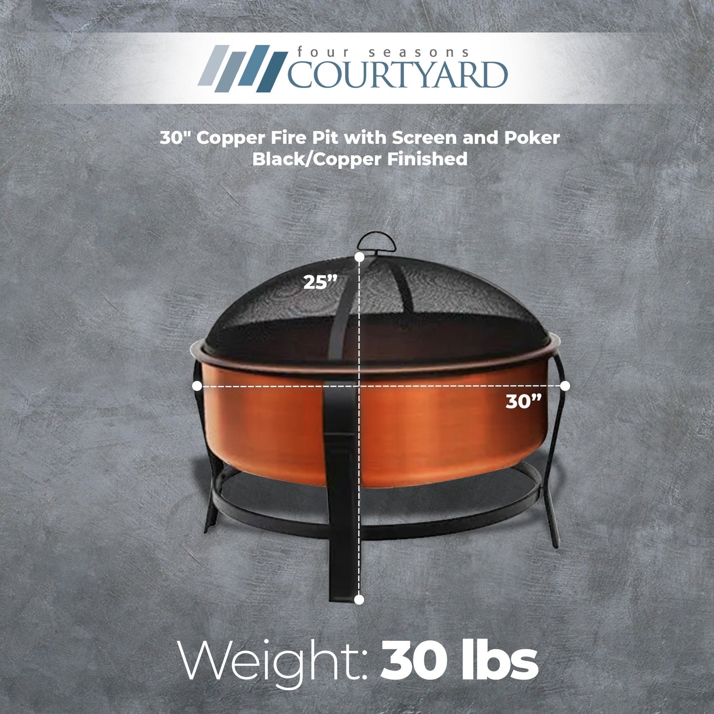 Four Seasons Courtyard 30" Copper Fire Pit with Screen and Poker, Black/Copper