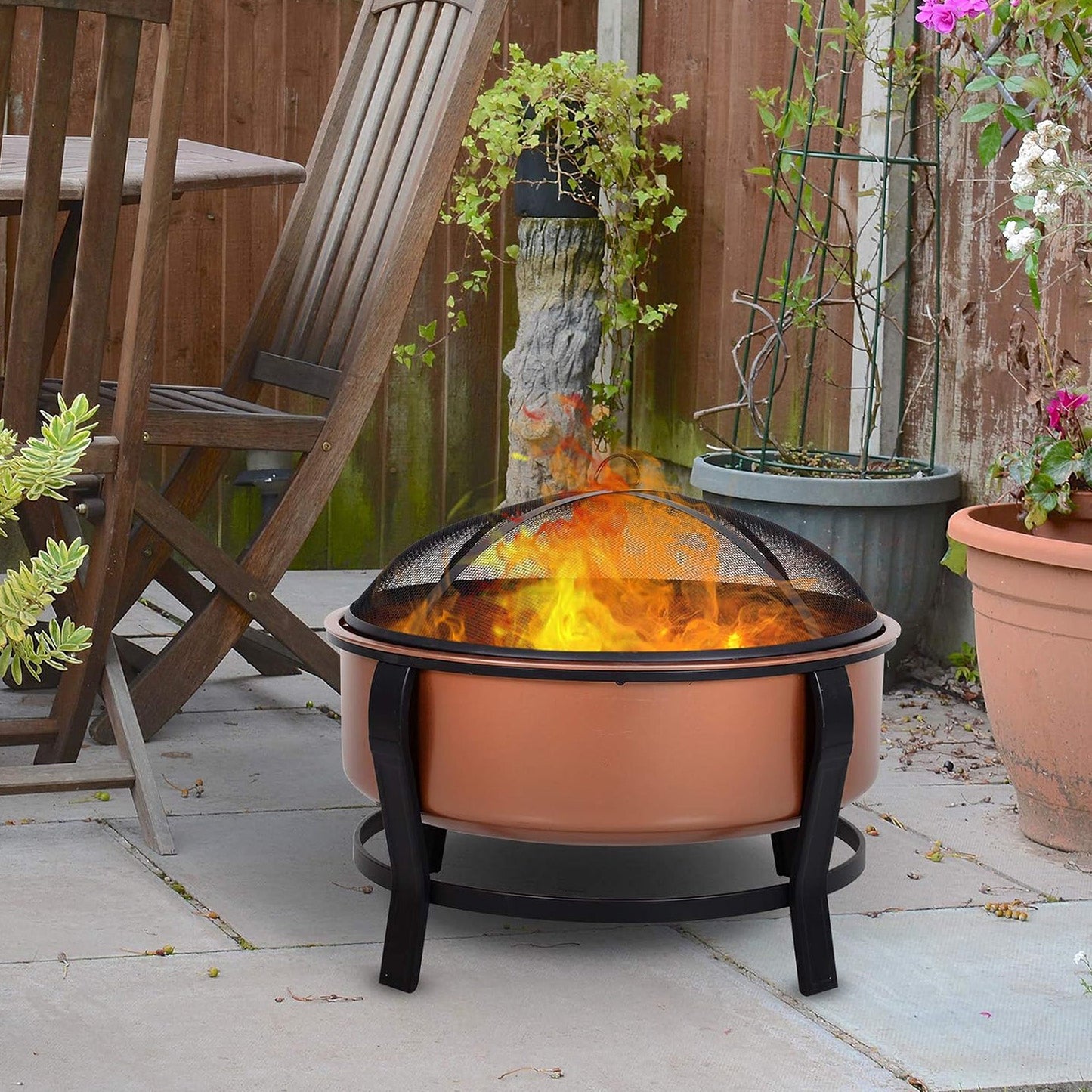 Four Seasons Courtyard 30" Copper Fire Pit with Screen and Poker, Black/Copper