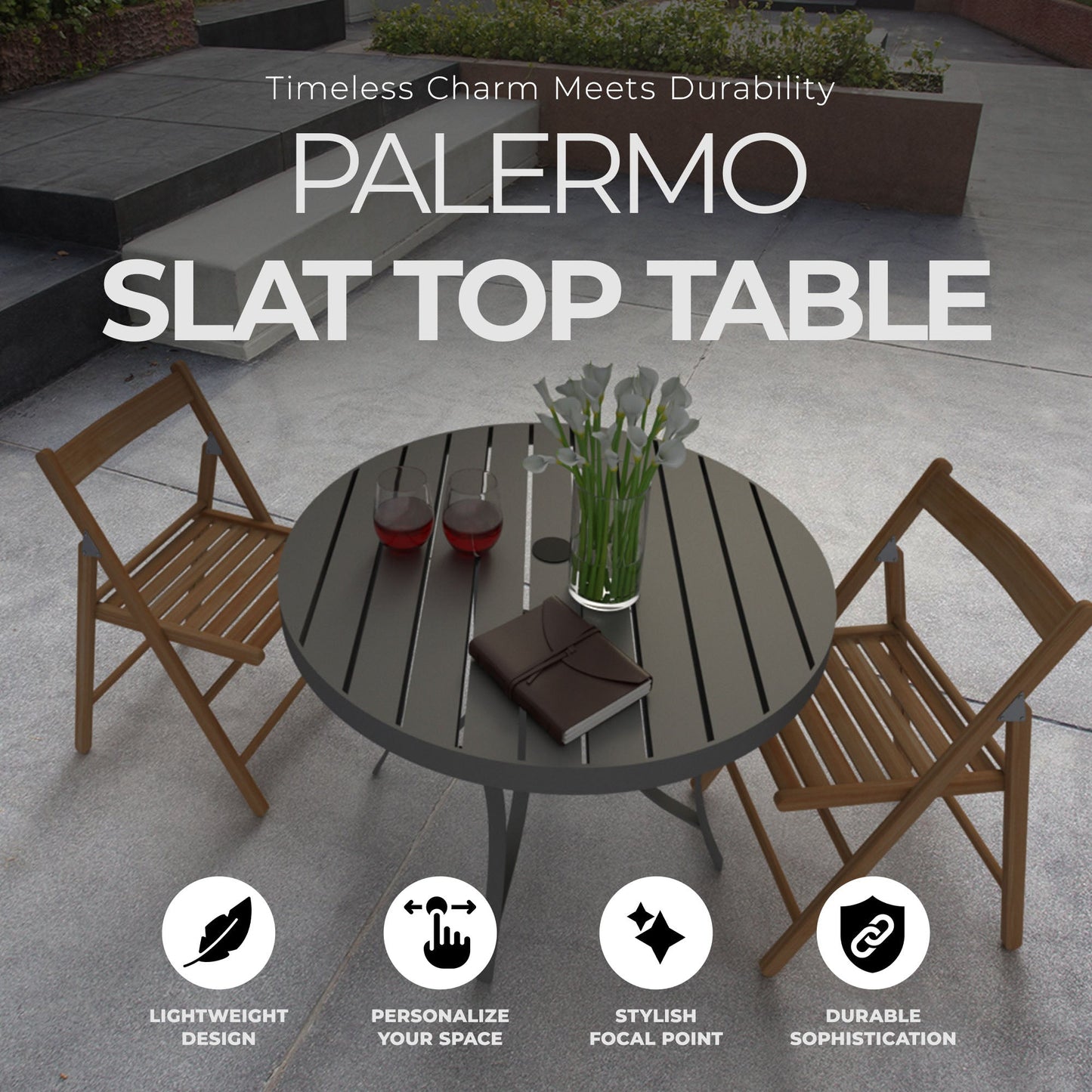 Four Seasons Courtyard Palermo Slat Top Dining Table with Umbrella Hole, Gray