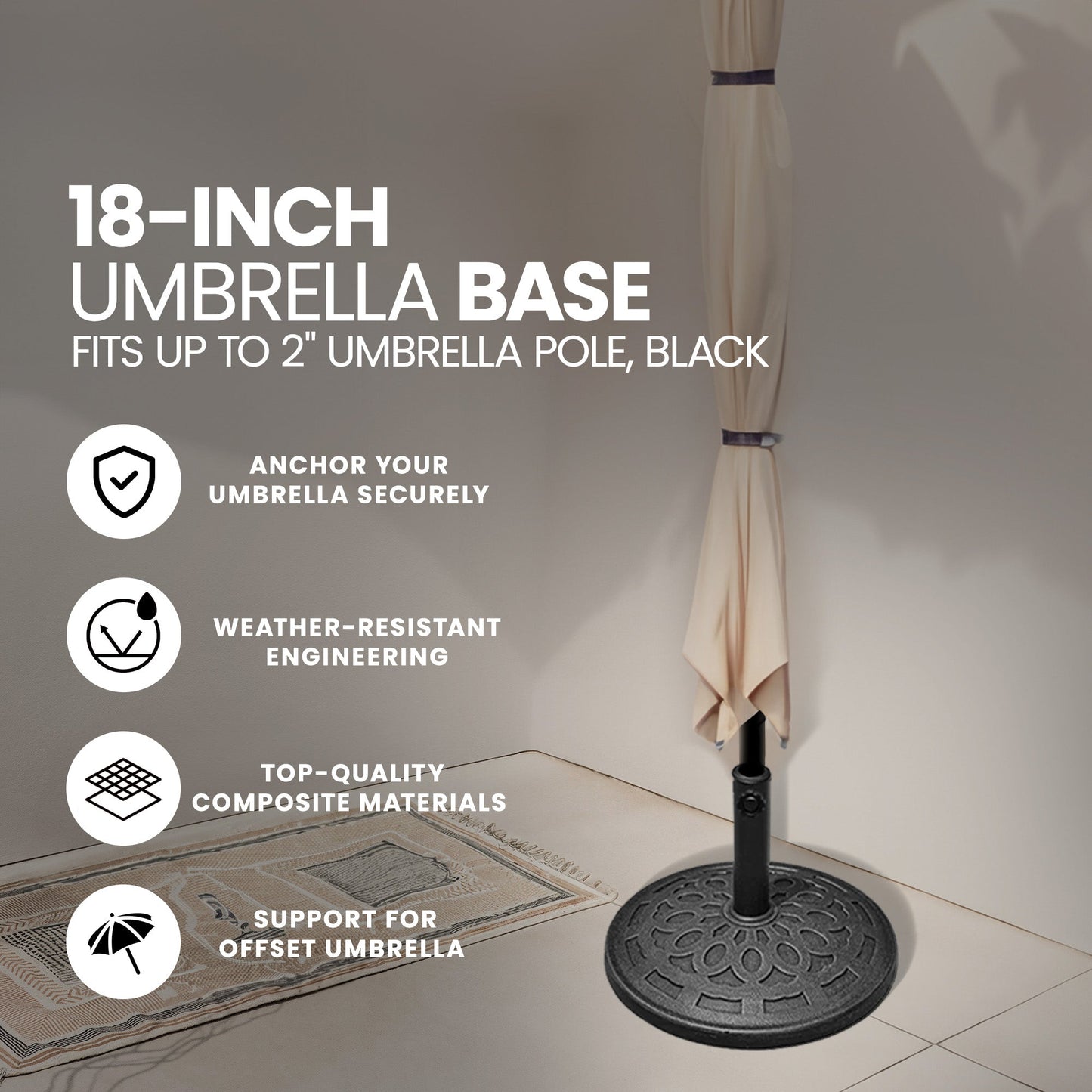 Four Seasons Courtyard 18 Inch Umbrella Base Fits Up To 2" Umbrella Pole, Black