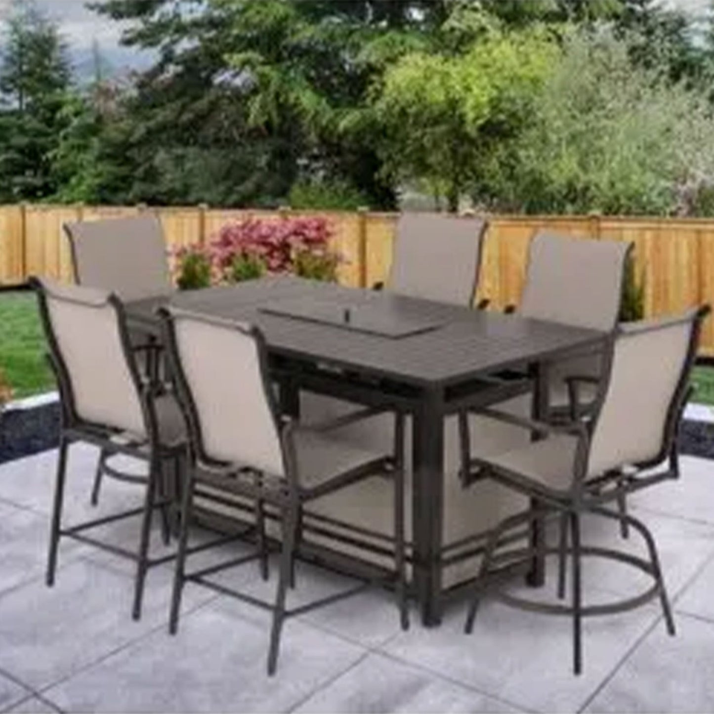 Four Seasons Courtyard Manhattan 6 Piece Patio High Chair Dining Furniture, Gray