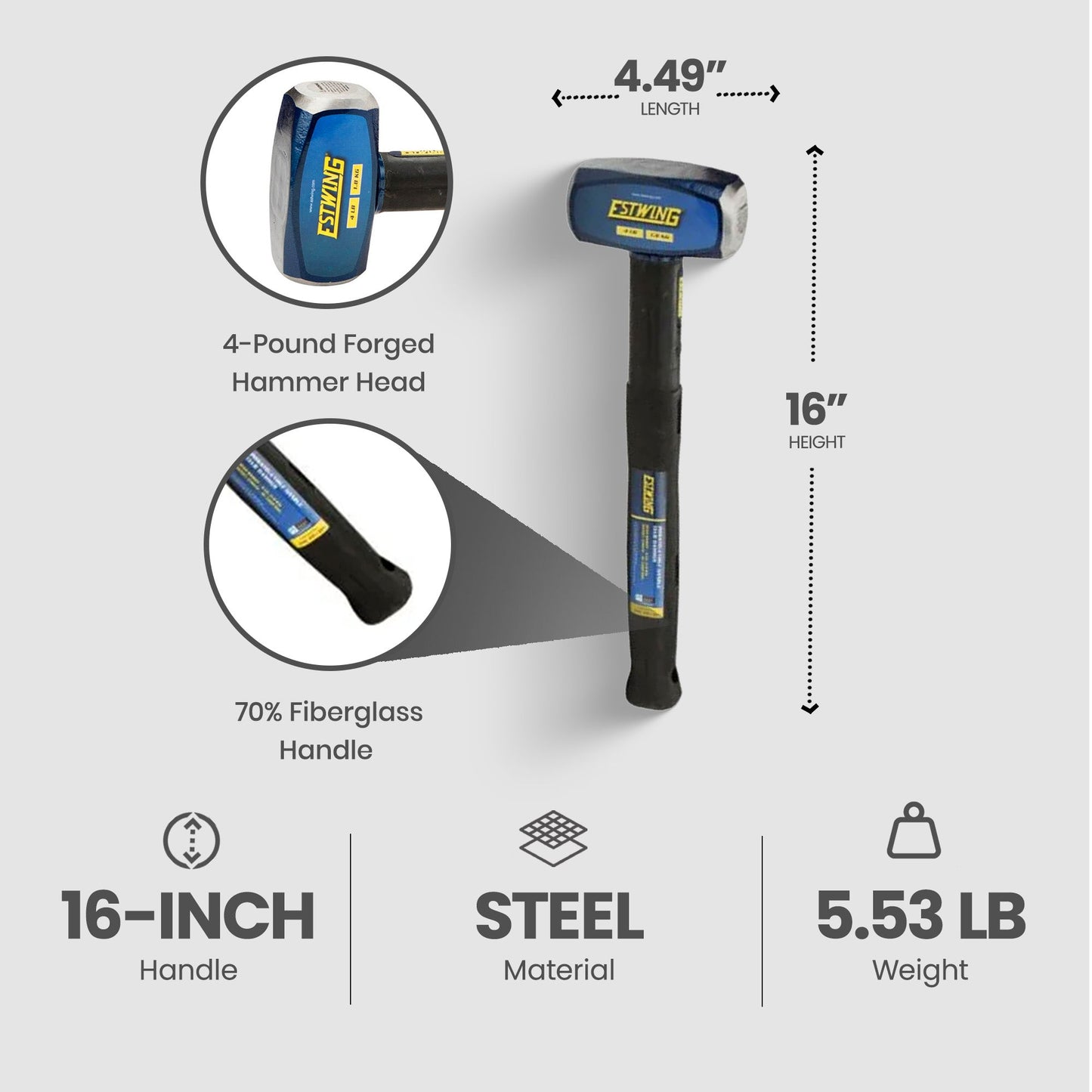 Estwing 4 Pound Head Hard Face Sledge Hammer with 16 Inch Fiberglass Handle