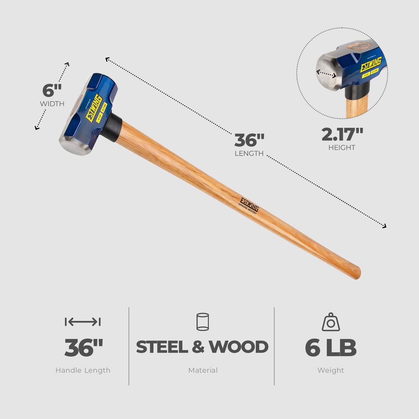 Estwing 6 Pound Head Hard Face Stake Sledge Hammer with 36 Inch Hickory Handle