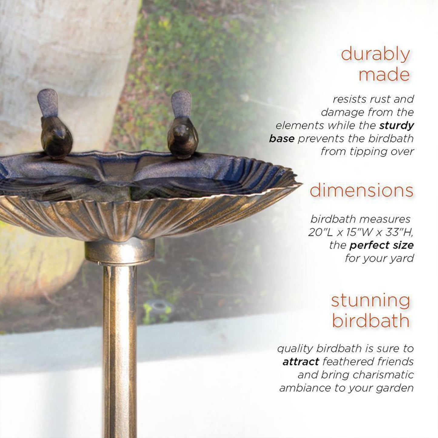 Alpine 13" by 30" Outdoor Bird Bath with 2 Bird Figurines Yard Statue, Bronze