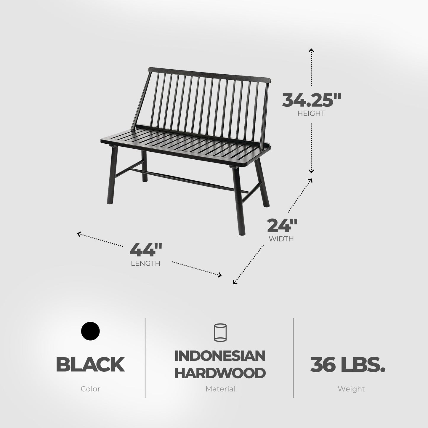 Jack Post 4 Feet Durable Indonesian Hardwood Farmhouse Bench for Patio, Black