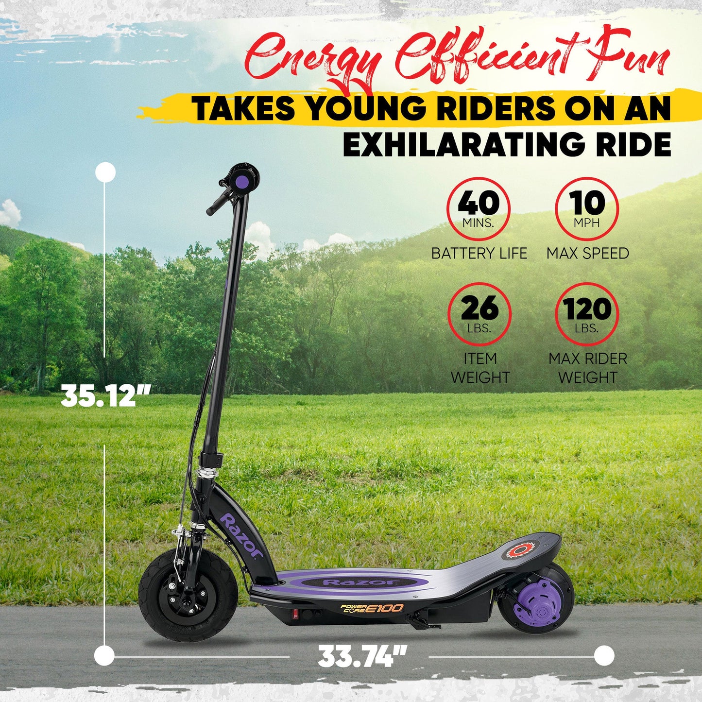 Razor Power Core E100 Electric Scooter with Aluminum Deck and Hand Brake, Purple