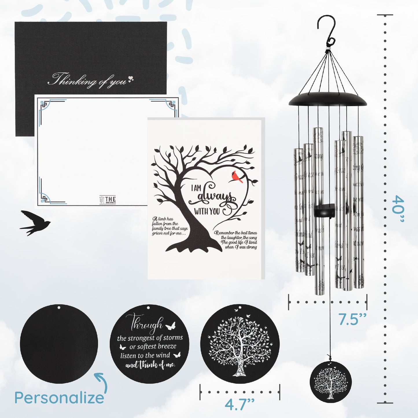 40" Memorial Wind Chimes, Sympathy Gift For Loss of Loved One, Amazing Grace Scripture