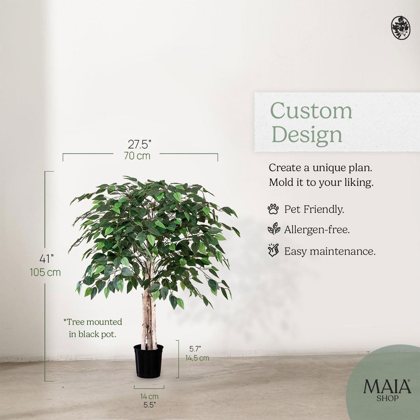 Maia Shop Artificial Ficus Tree 3.5 ft. Tall Tropical Home Decoration, 41 Inches