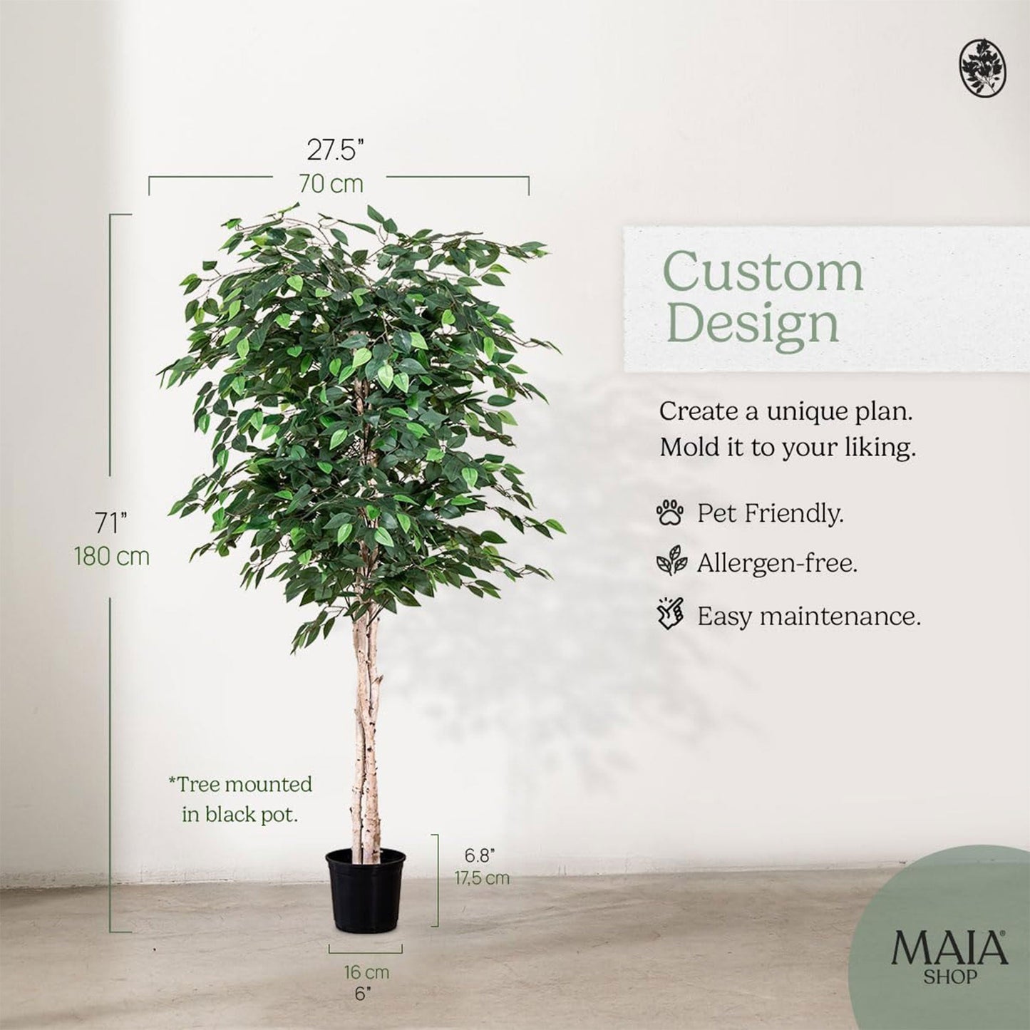 Maia Shop Artificial Ficus Tree 6 Feet Tall Tropical Home Decoration, 71 Inches