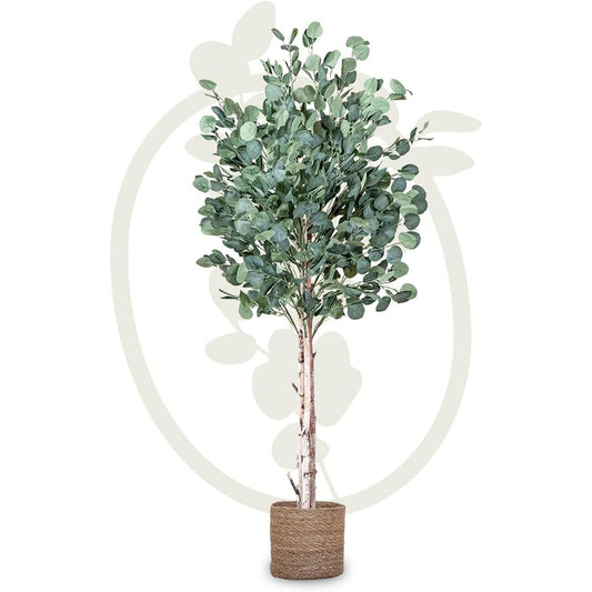 Maia Shop Artificial Eucalyptus Tree 5' Tall, Fake Tree with Natural Wood Trunk