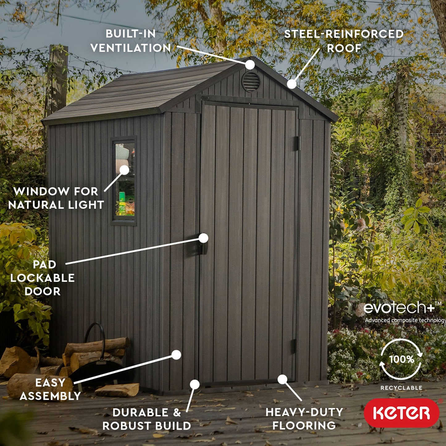 Keter Darwin 4 x 6 Foot Outdoor Garden Storage Shed with 40 Inch Steel Shelf Kit