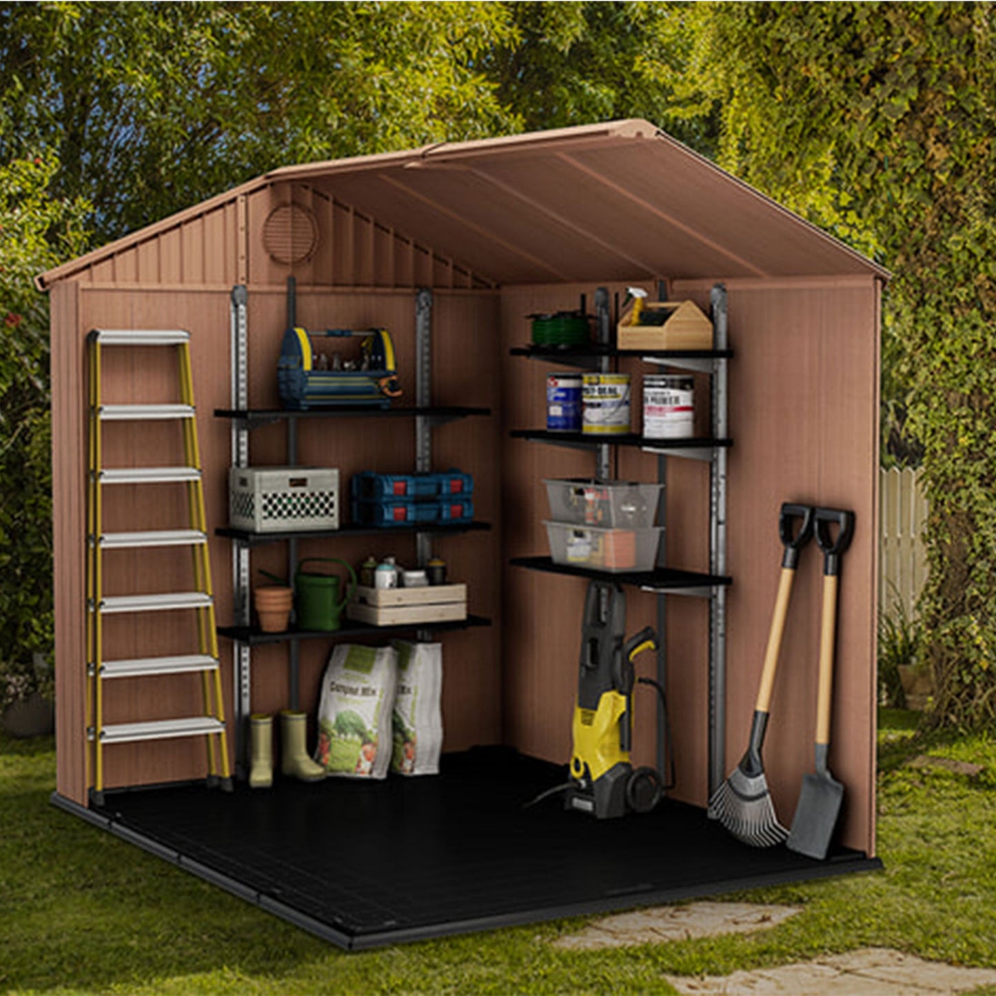 Keter Darwin 4 x 6 Foot Outdoor Garden Storage Shed with 40 Inch Steel Shelf Kit