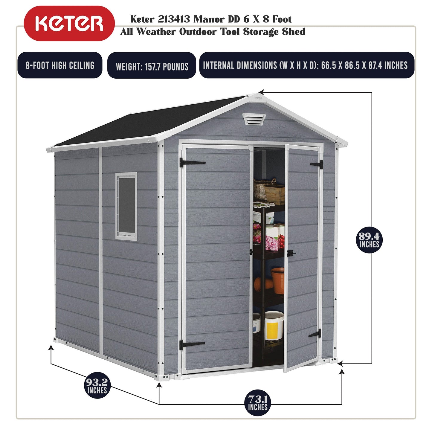 Keter Manor 6x8 Foot Outdoor Garden Storage Shed with 40 Inch Steel Shelf Kit