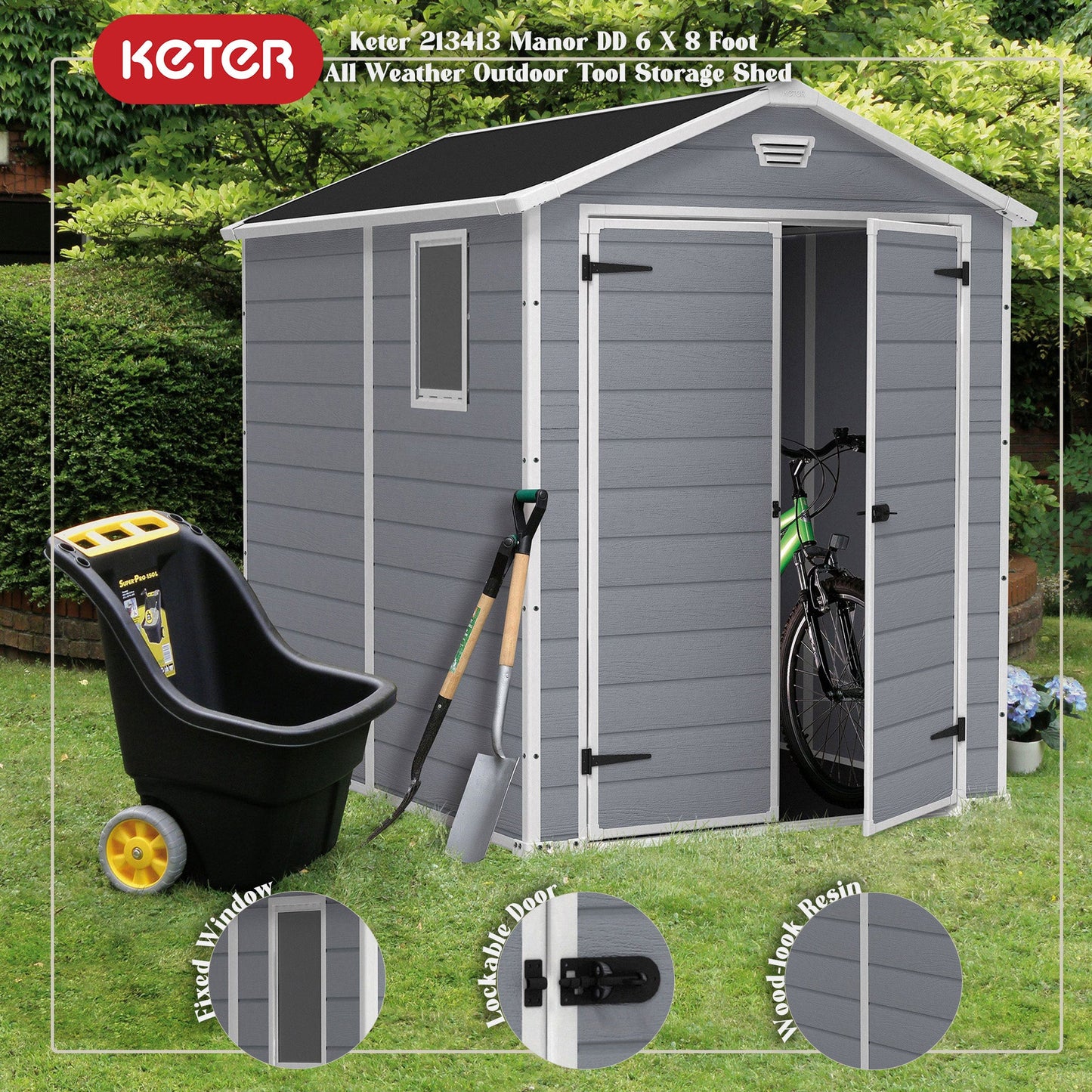 Keter Manor 6x8 Foot Outdoor Garden Storage Shed with 40 Inch Steel Shelf Kit