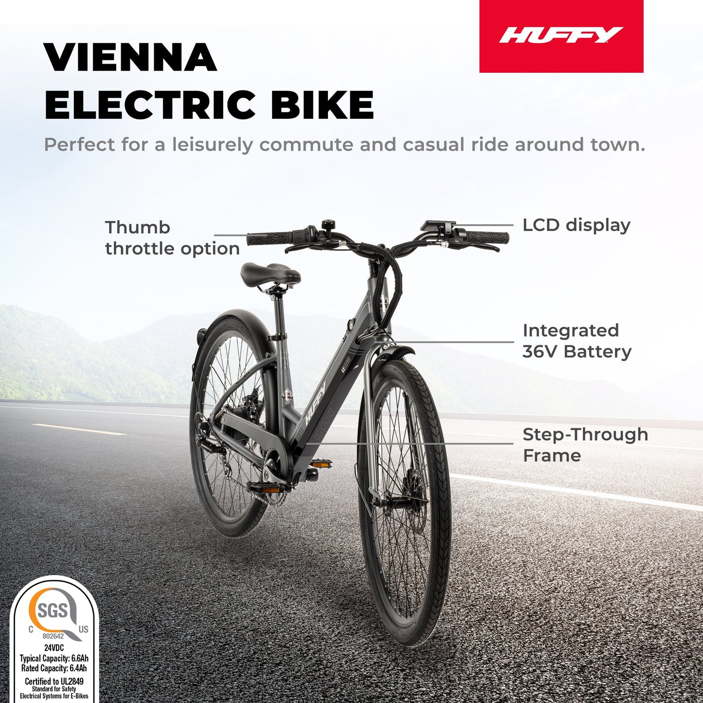 Huffy Vienna EBike for Adults, 27.5 Inch Electric Comfort Bike, Matte Storm