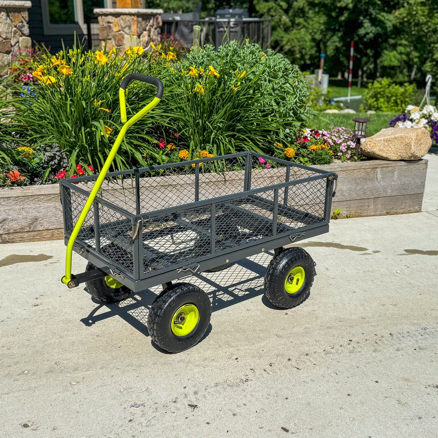 Yard Tuff 3 in 1 Dual-Side Dump Utility Wagon for Garden with Fold-Down Sides